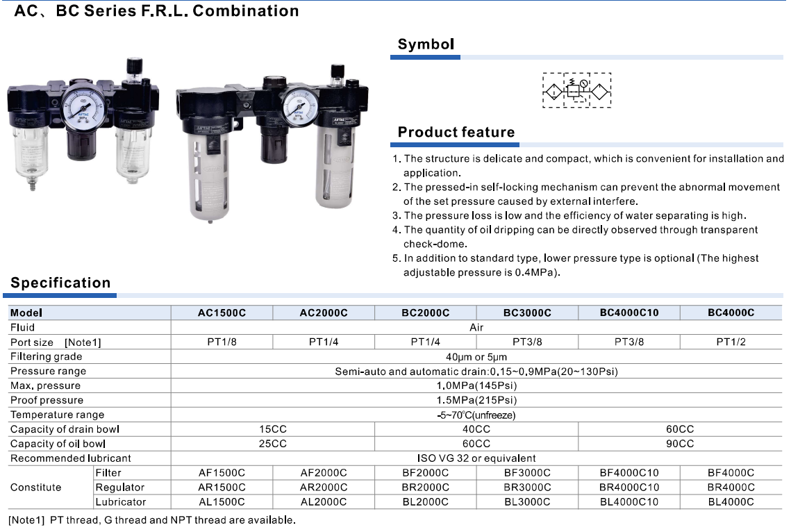 Bộ lọc – điều áp – bôi trơn khí nén AirTAC AC / BC Series